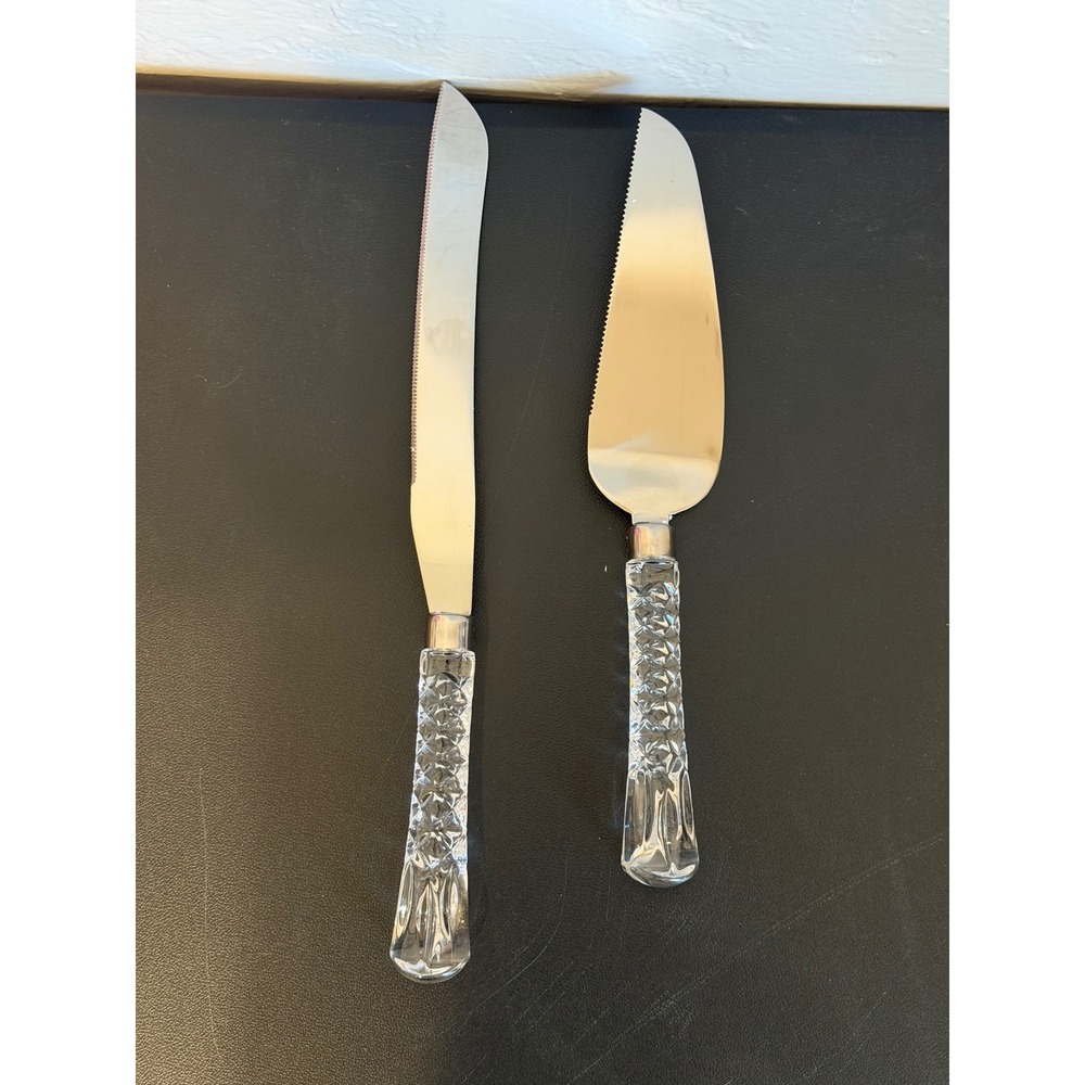 Wedding Cake Knife and Server Set Clear Faceted Acrylic Handles Stainless Steel